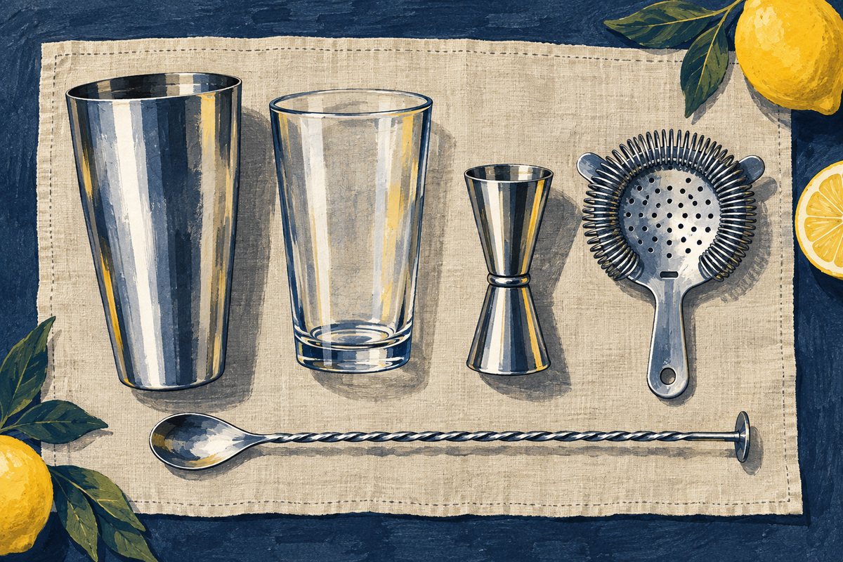 AI-illustration av shaker, blandningsglas, mått, sil och barsked.